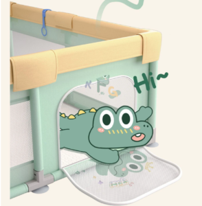 zeleni dječji vrtić za igru, veličine 120*160cm, ima velike mrežaste prozore. Materijal: nehrđajući čelik, oxford tkanina, plastika, spužva